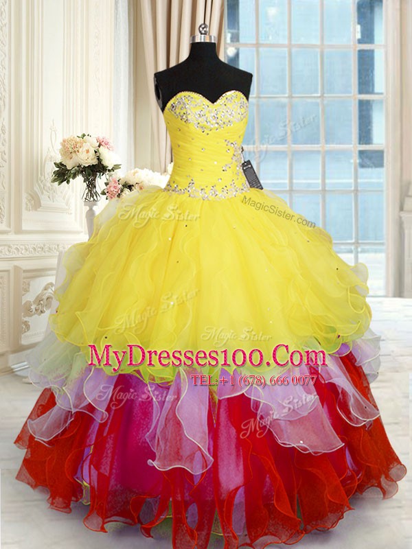 Low Price Multi-color Organza Lace Up Quince Ball Gowns Sleeveless Floor Length Beading and Ruffles