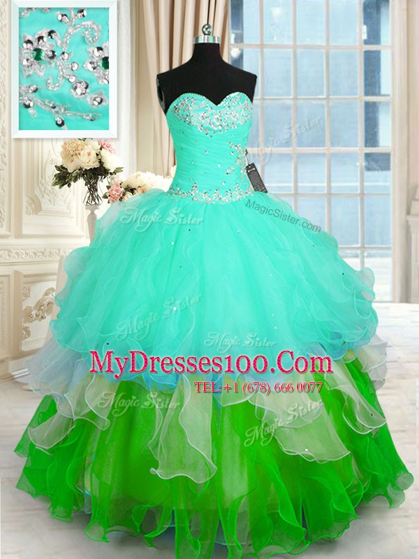 Sweetheart Sleeveless Sweet 16 Dresses Floor Length Beading and Ruffled Layers Multi-color Organza