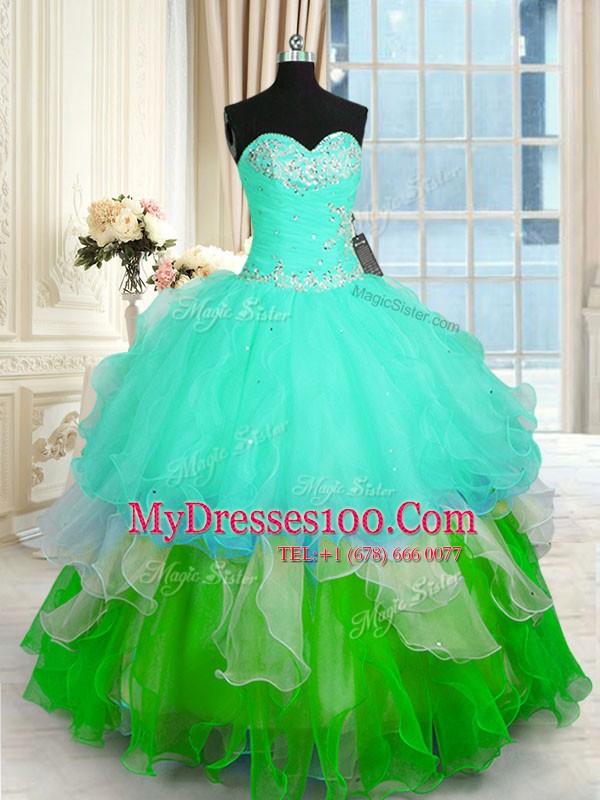 Sweetheart Sleeveless Sweet 16 Dresses Floor Length Beading and Ruffled Layers Multi-color Organza