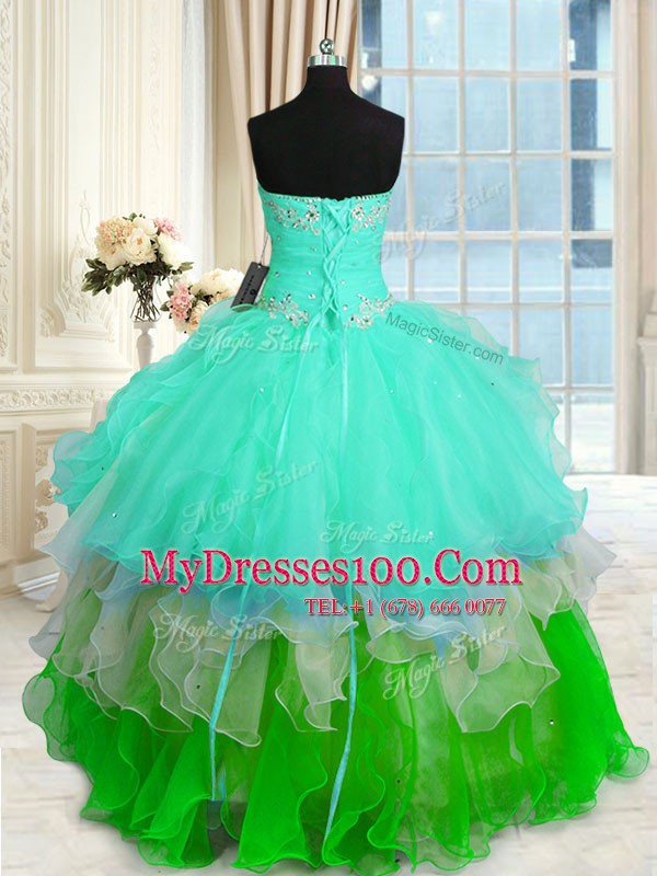 Sweetheart Sleeveless Sweet 16 Dresses Floor Length Beading and Ruffled Layers Multi-color Organza
