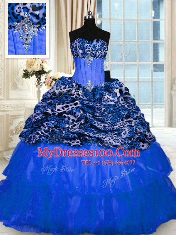 Hot Selling Printed Sleeveless Lace Up Floor Length Beading and Sequins Quinceanera Gowns