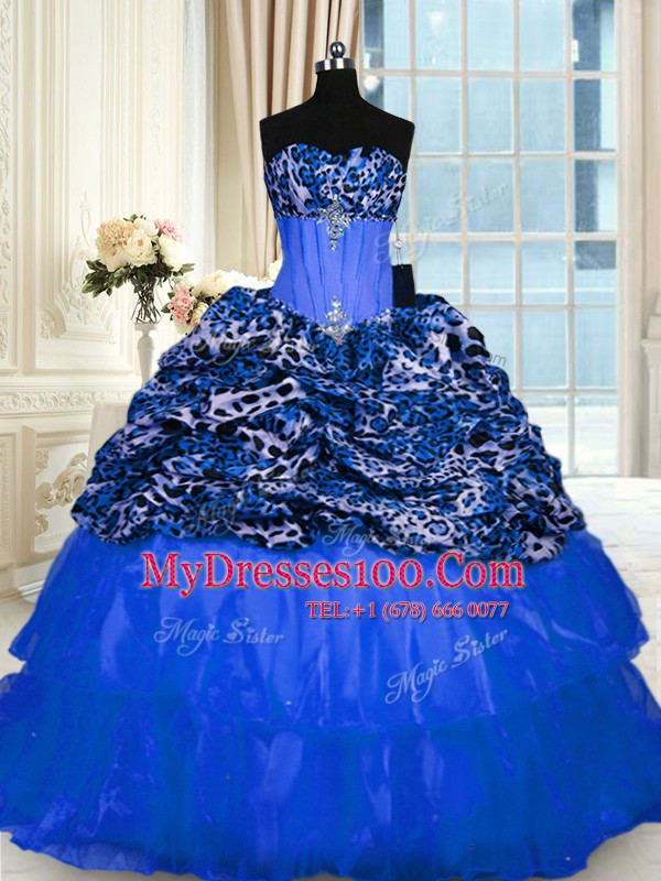 Hot Selling Printed Sleeveless Lace Up Floor Length Beading and Sequins Quinceanera Gowns