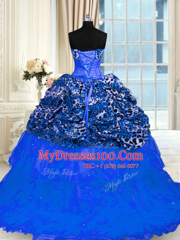 Hot Selling Printed Sleeveless Lace Up Floor Length Beading and Sequins Quinceanera Gowns