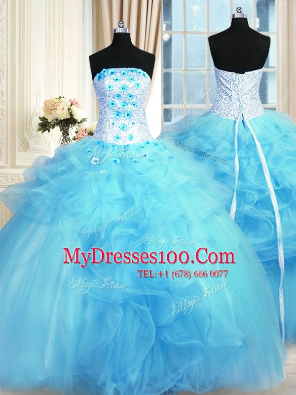 Floor Length Lace Up Sweet 16 Dresses Baby Blue for Military Ball and Sweet 16 and Quinceanera with Pick Ups and Hand Made Flower