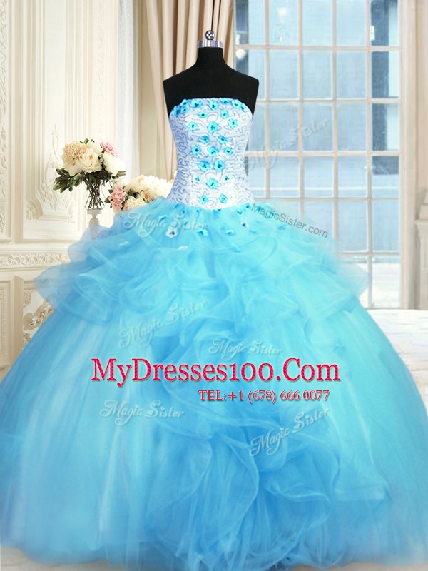 Floor Length Lace Up Sweet 16 Dresses Baby Blue for Military Ball and Sweet 16 and Quinceanera with Pick Ups and Hand Made Flower
