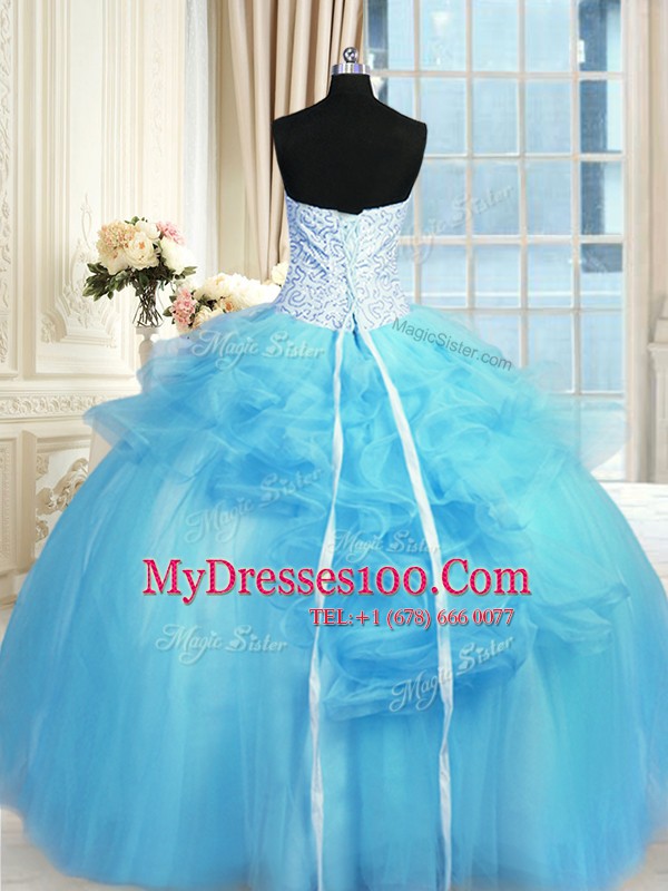 Floor Length Lace Up Sweet 16 Dresses Baby Blue for Military Ball and Sweet 16 and Quinceanera with Pick Ups and Hand Made Flower
