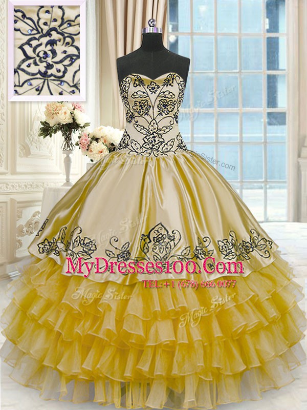 High End Gold Organza and Taffeta Lace Up Sweet 16 Dresses Sleeveless Floor Length Beading and Embroidery and Ruffled Layers