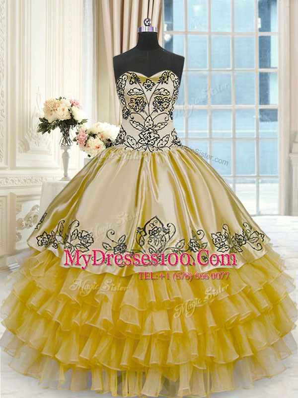 High End Gold Organza and Taffeta Lace Up Sweet 16 Dresses Sleeveless Floor Length Beading and Embroidery and Ruffled Layers