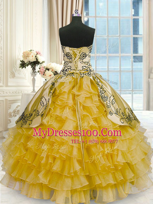 High End Gold Organza and Taffeta Lace Up Sweet 16 Dresses Sleeveless Floor Length Beading and Embroidery and Ruffled Layers