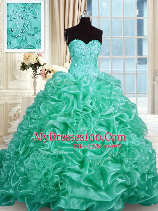 Pick Ups Turquoise Sleeveless Organza Lace Up Sweet 16 Dress for Military Ball and Sweet 16 and Quinceanera