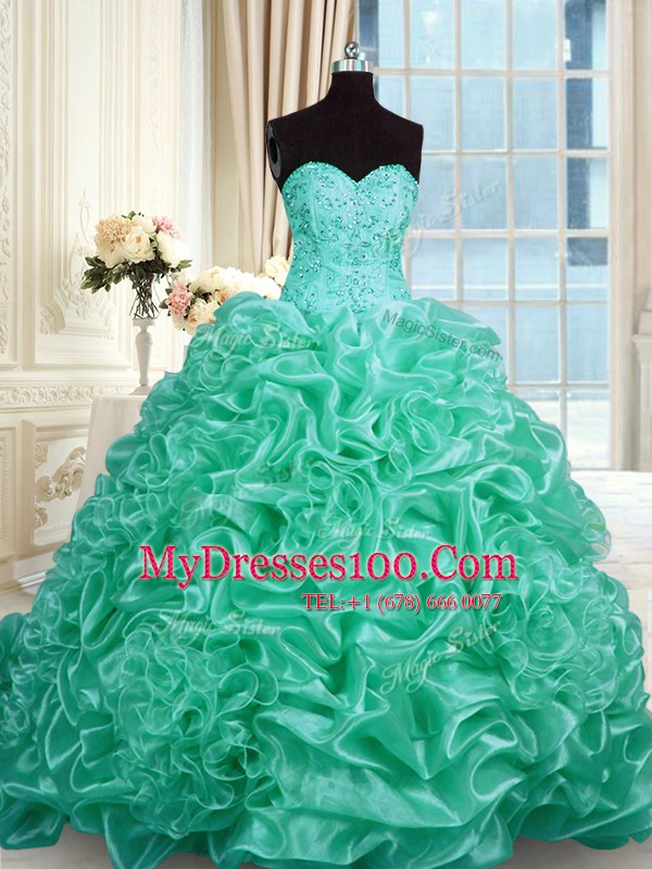 Pick Ups Turquoise Sleeveless Organza Lace Up Sweet 16 Dress for Military Ball and Sweet 16 and Quinceanera