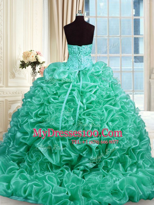 Pick Ups Turquoise Sleeveless Organza Lace Up Sweet 16 Dress for Military Ball and Sweet 16 and Quinceanera