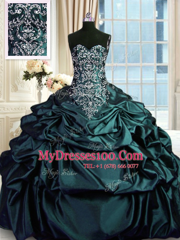 Simple Dark Green Zipper Beading and Embroidery and Pick Ups Sweet 16 Dresses Taffeta Sleeveless