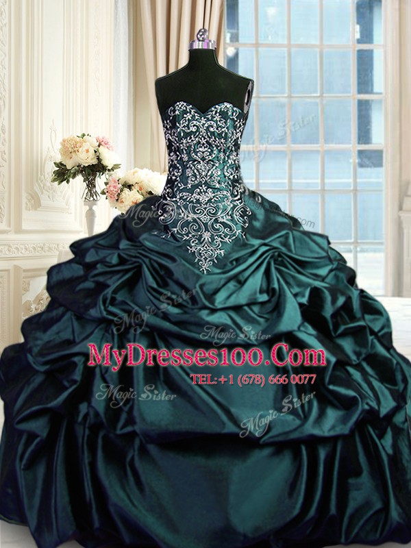 Simple Dark Green Zipper Beading and Embroidery and Pick Ups Sweet 16 Dresses Taffeta Sleeveless