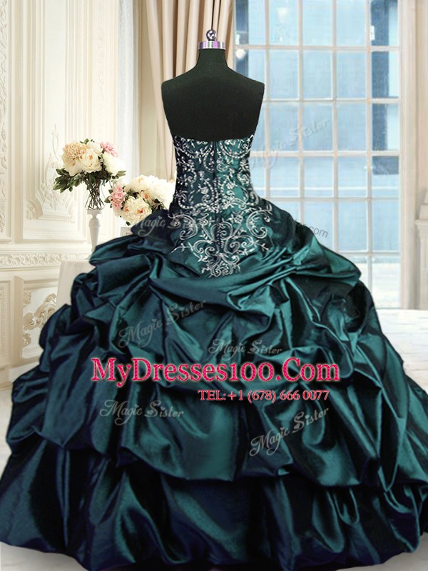 Simple Dark Green Zipper Beading and Embroidery and Pick Ups Sweet 16 Dresses Taffeta Sleeveless