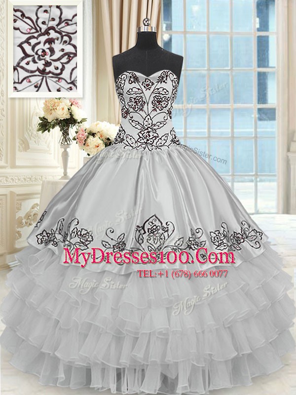 Halter Top Sleeveless Sweet 16 Quinceanera Dress Floor Length Beading and Embroidery and Ruffled Layers Grey Organza and Taffeta