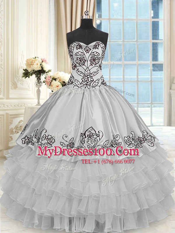 Halter Top Sleeveless Sweet 16 Quinceanera Dress Floor Length Beading and Embroidery and Ruffled Layers Grey Organza and Taffeta