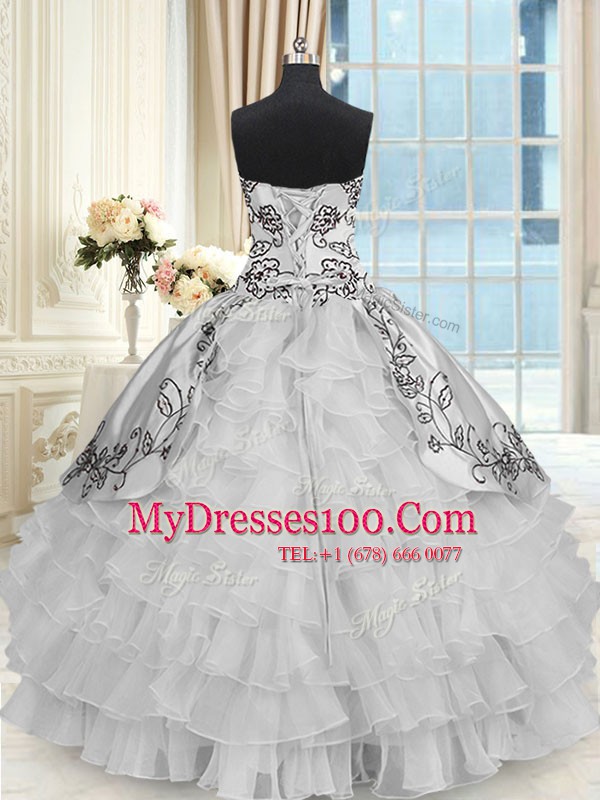 Halter Top Sleeveless Sweet 16 Quinceanera Dress Floor Length Beading and Embroidery and Ruffled Layers Grey Organza and Taffeta