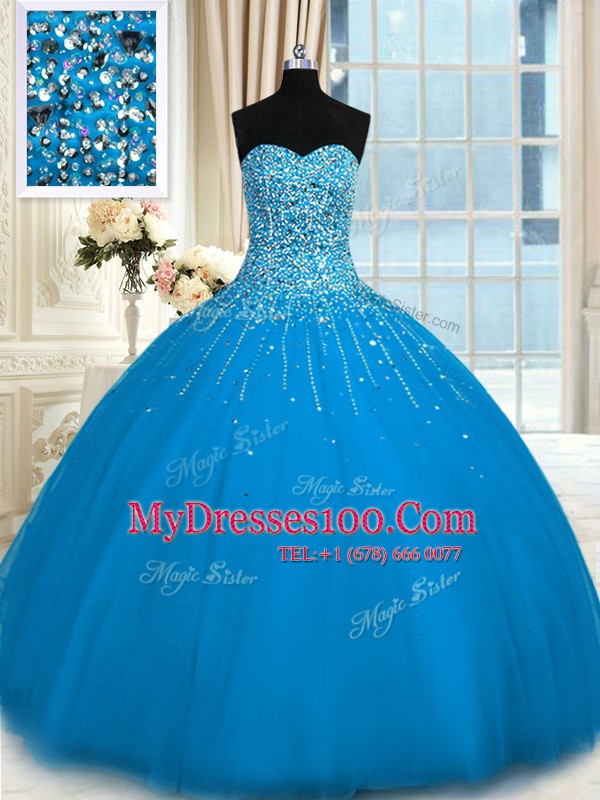 Sweetheart Sleeveless Lace Up Vestidos de Quinceanera Teal Tulle
