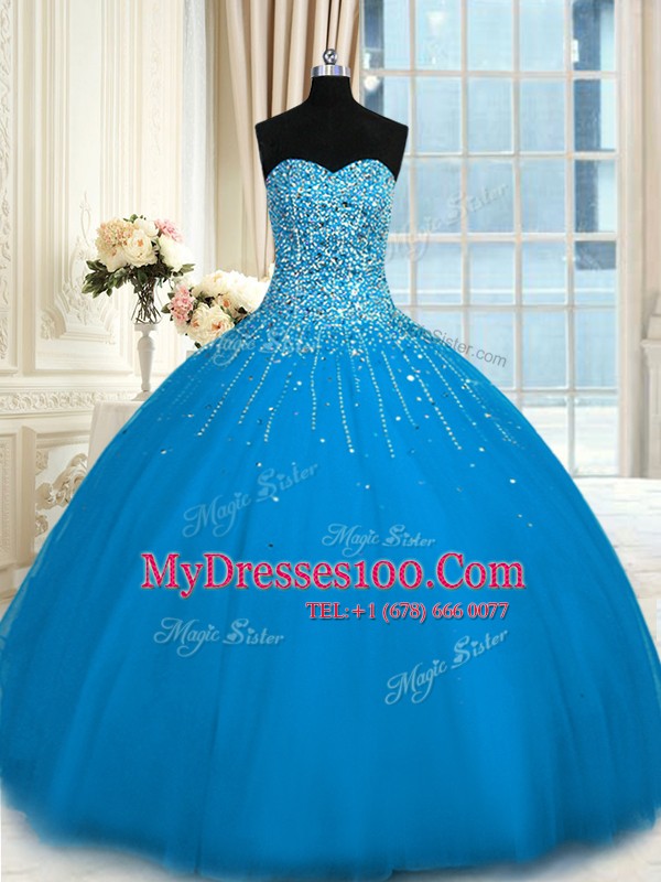 Sweetheart Sleeveless Lace Up Vestidos de Quinceanera Teal Tulle