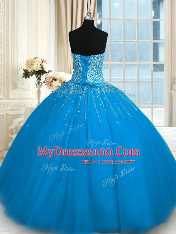 Sweetheart Sleeveless Lace Up Vestidos de Quinceanera Teal Tulle