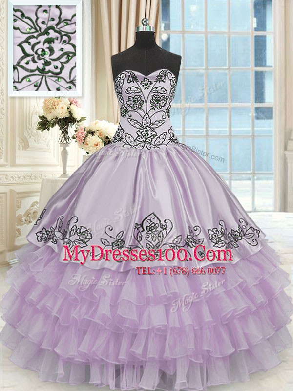 Sweetheart Sleeveless Sweet 16 Dress Floor Length Beading and Embroidery and Ruffled Layers Lavender Organza