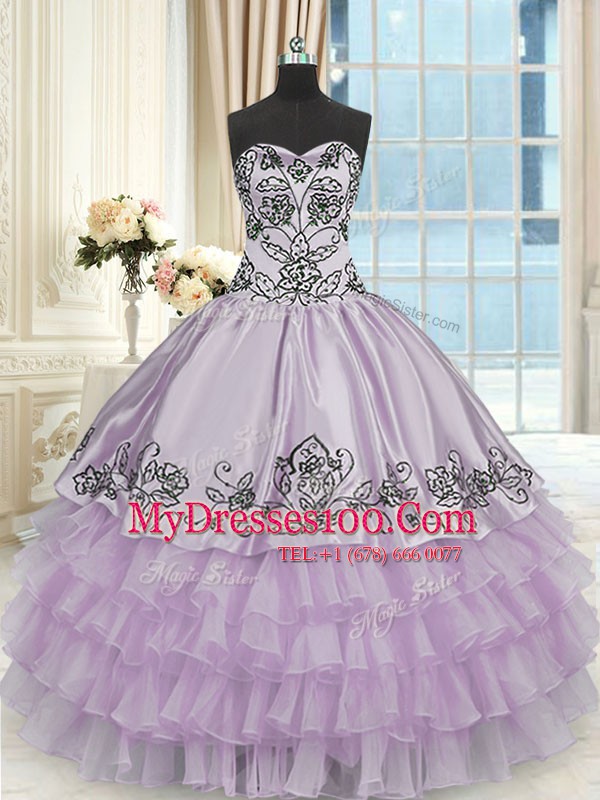Sweetheart Sleeveless Sweet 16 Dress Floor Length Beading and Embroidery and Ruffled Layers Lavender Organza