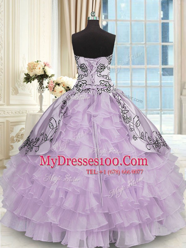 Sweetheart Sleeveless Sweet 16 Dress Floor Length Beading and Embroidery and Ruffled Layers Lavender Organza