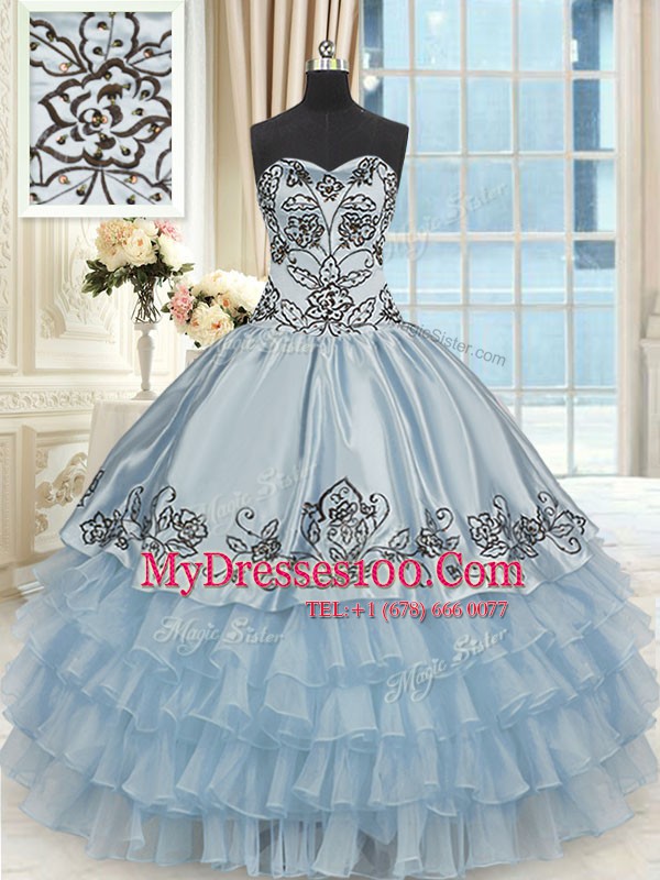 High Class Floor Length Light Blue Quinceanera Gown Organza and Taffeta Sleeveless Beading and Embroidery and Ruffled Layers
