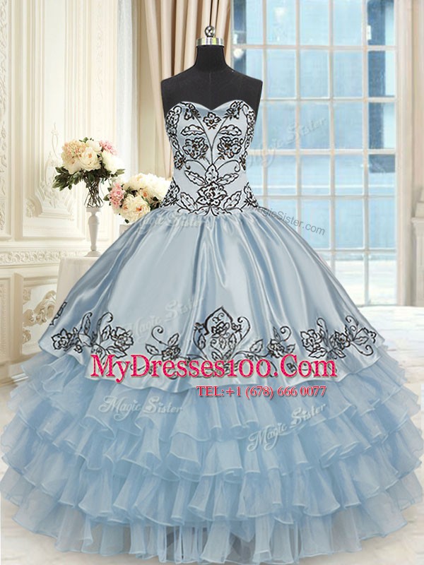 High Class Floor Length Light Blue Quinceanera Gown Organza and Taffeta Sleeveless Beading and Embroidery and Ruffled Layers