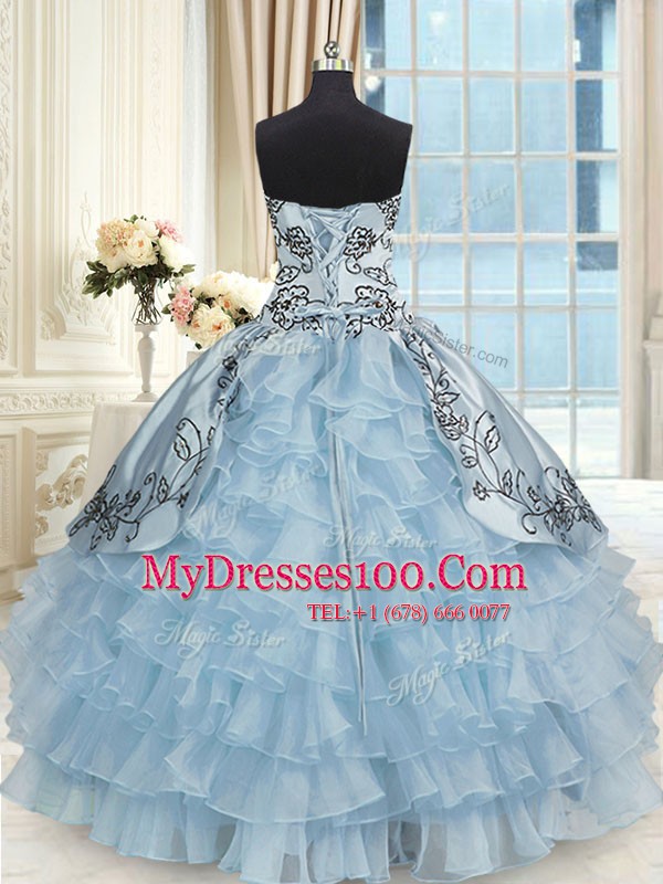 High Class Floor Length Light Blue Quinceanera Gown Organza and Taffeta Sleeveless Beading and Embroidery and Ruffled Layers