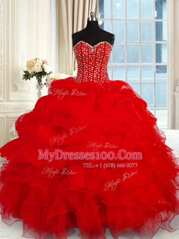 Organza Sweetheart Sleeveless Lace Up Beading and Ruffles Quinceanera Dresses in Wine Red