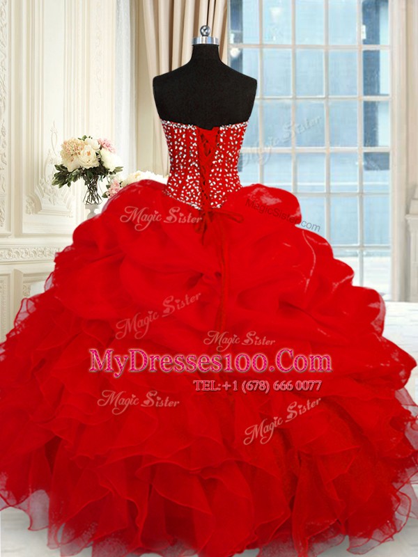 Organza Sweetheart Sleeveless Lace Up Beading and Ruffles Quinceanera Dresses in Wine Red