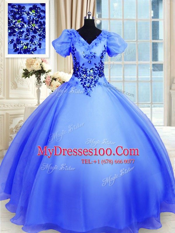 Blue Organza Lace Up V-neck Short Sleeves Floor Length Quinceanera Gown Appliques