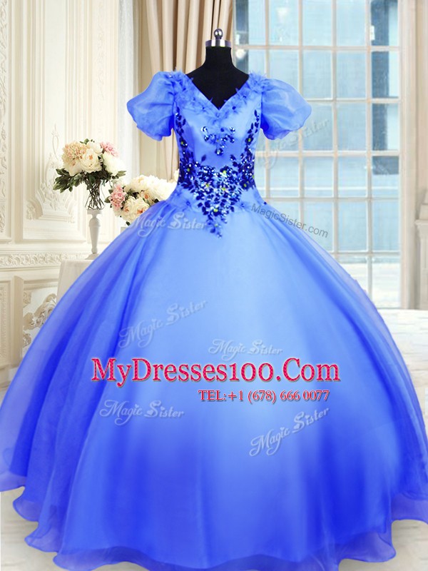 Blue Organza Lace Up V-neck Short Sleeves Floor Length Quinceanera Gown Appliques
