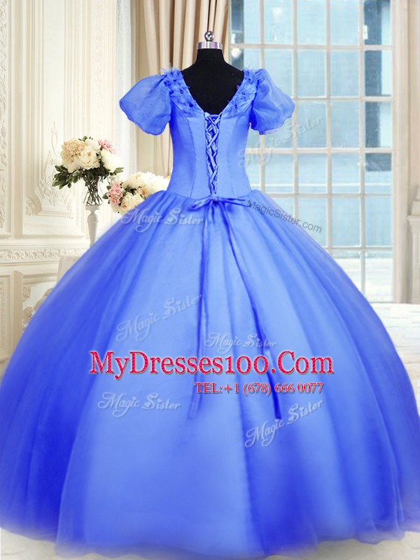 Blue Organza Lace Up V-neck Short Sleeves Floor Length Quinceanera Gown Appliques