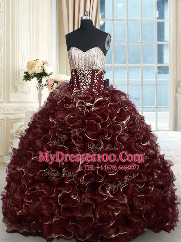Elegant Brown Lace Up Quinceanera Gowns Beading and Ruffles Sleeveless With Brush Train