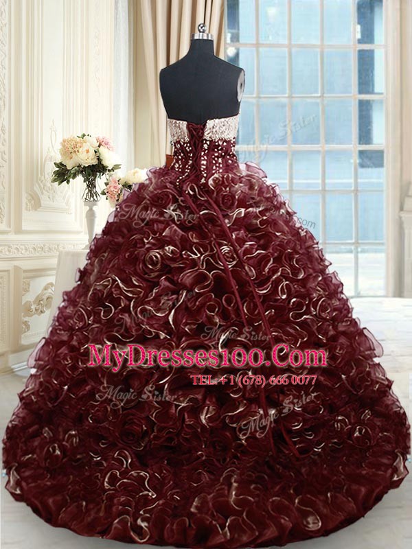 Elegant Brown Lace Up Quinceanera Gowns Beading and Ruffles Sleeveless With Brush Train