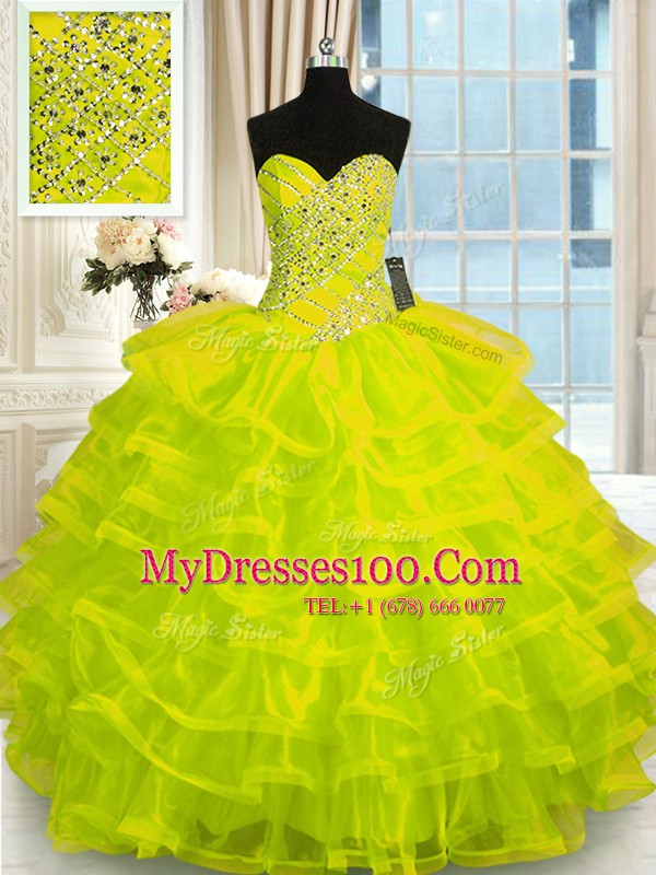 Custom Designed Yellow Green Ball Gowns Beading and Ruffled Layers Ball Gown Prom Dress Lace Up Organza Sleeveless Floor Length
