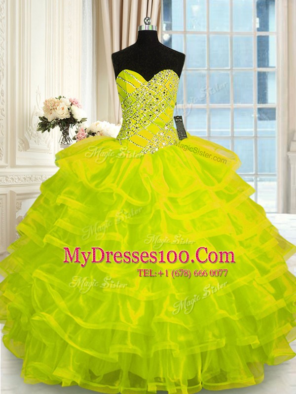 Custom Designed Yellow Green Ball Gowns Beading and Ruffled Layers Ball Gown Prom Dress Lace Up Organza Sleeveless Floor Length