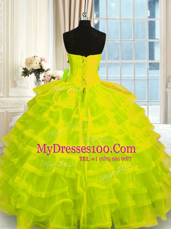 Custom Designed Yellow Green Ball Gowns Beading and Ruffled Layers Ball Gown Prom Dress Lace Up Organza Sleeveless Floor Length