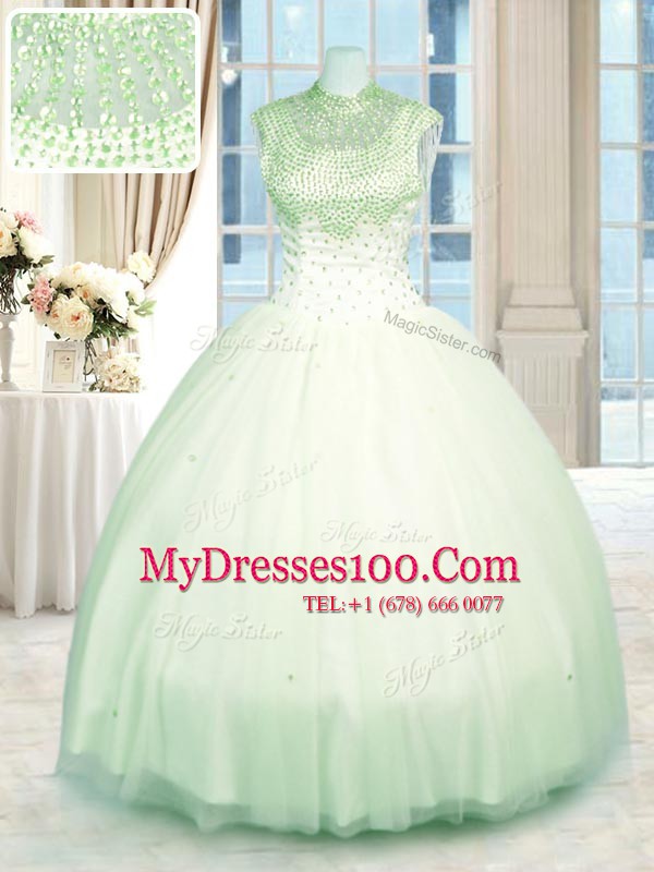 Floor Length Green Quinceanera Dress Tulle Sleeveless Beading