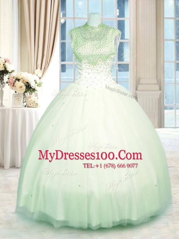 Floor Length Green Quinceanera Dress Tulle Sleeveless Beading