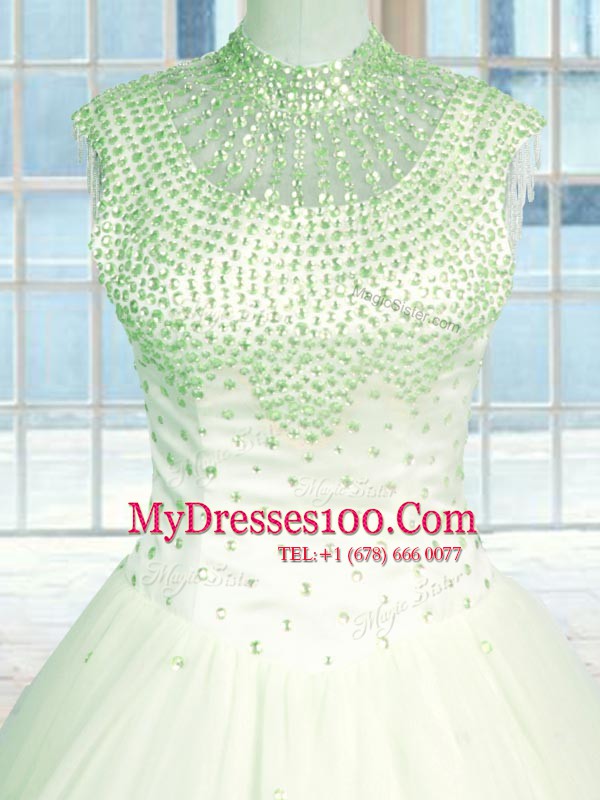Floor Length Green Quinceanera Dress Tulle Sleeveless Beading