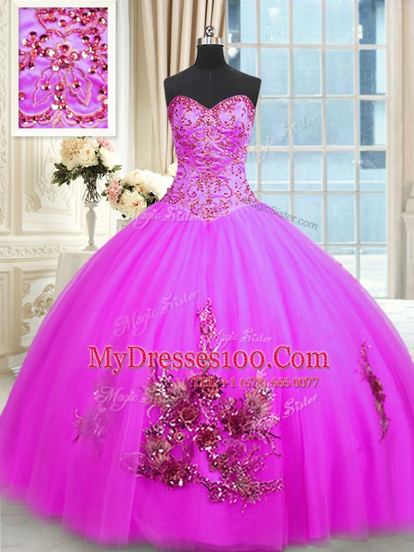 Cheap Floor Length Lace Up Quince Ball Gowns Fuchsia for Military Ball and Sweet 16 and Quinceanera with Beading and Appliques and Embroidery