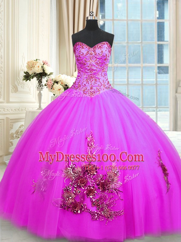 Cheap Floor Length Lace Up Quince Ball Gowns Fuchsia for Military Ball and Sweet 16 and Quinceanera with Beading and Appliques and Embroidery