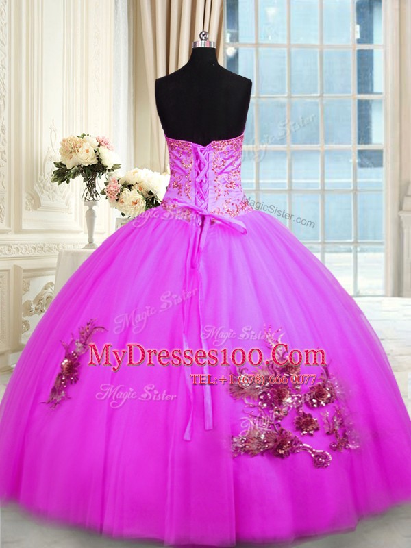 Cheap Floor Length Lace Up Quince Ball Gowns Fuchsia for Military Ball and Sweet 16 and Quinceanera with Beading and Appliques and Embroidery