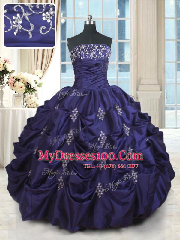 Ideal Strapless Sleeveless Sweet 16 Quinceanera Dress Floor Length Beading and Appliques and Embroidery and Pick Ups Dark Purple Taffeta