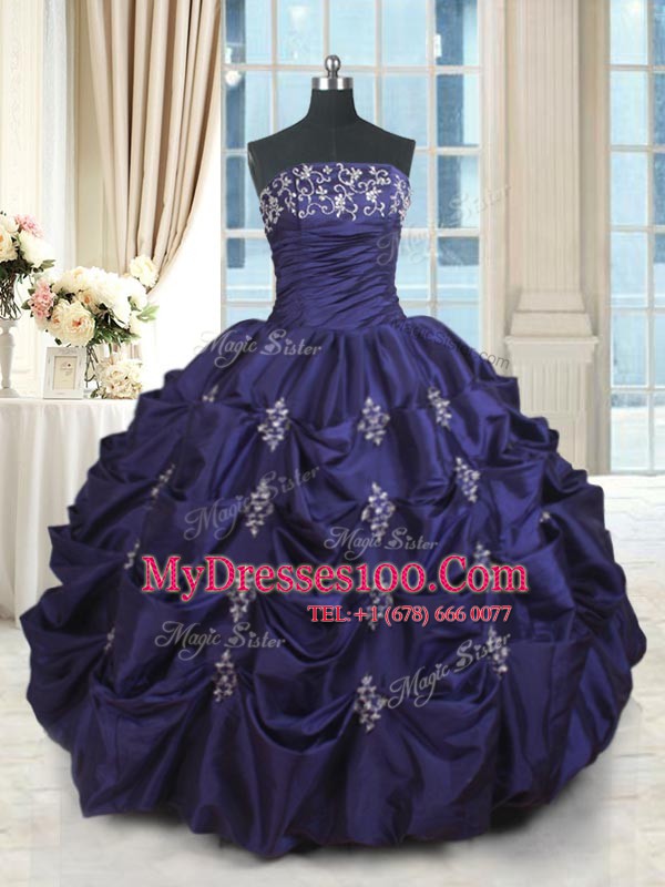 Ideal Strapless Sleeveless Sweet 16 Quinceanera Dress Floor Length Beading and Appliques and Embroidery and Pick Ups Dark Purple Taffeta