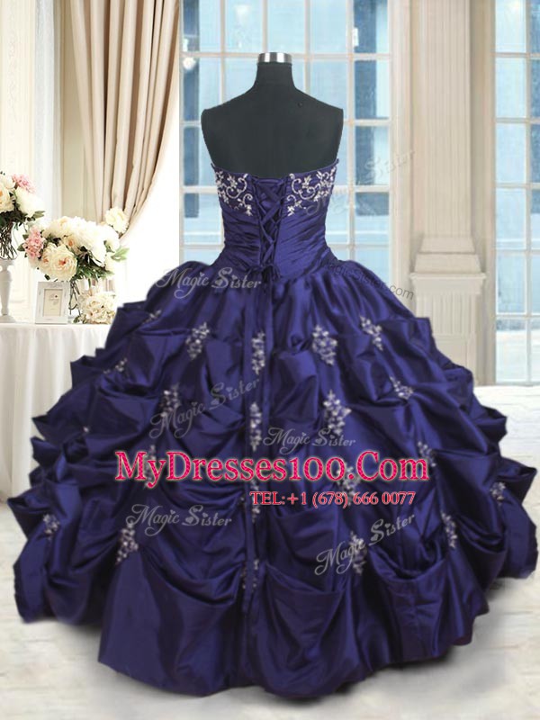 Ideal Strapless Sleeveless Sweet 16 Quinceanera Dress Floor Length Beading and Appliques and Embroidery and Pick Ups Dark Purple Taffeta